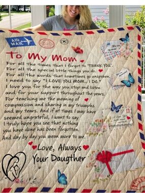 To My Mom Quilted Throw Blanket - Cream with Red & Blue Accents